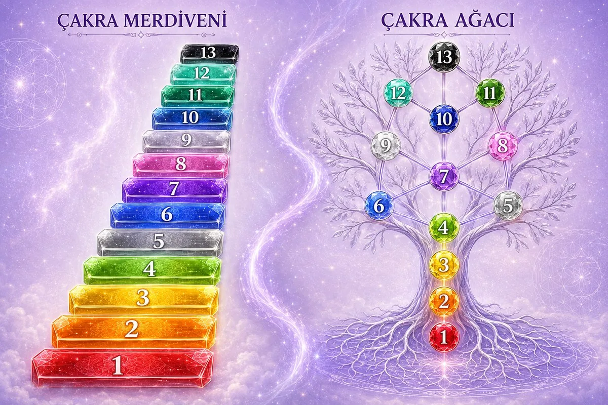 22'lik Numeroloji Çakra Merdiveni ve Çakra Ağacı diyagramı — 1'den 13'e kadar genişletilmiş çakra numaraları