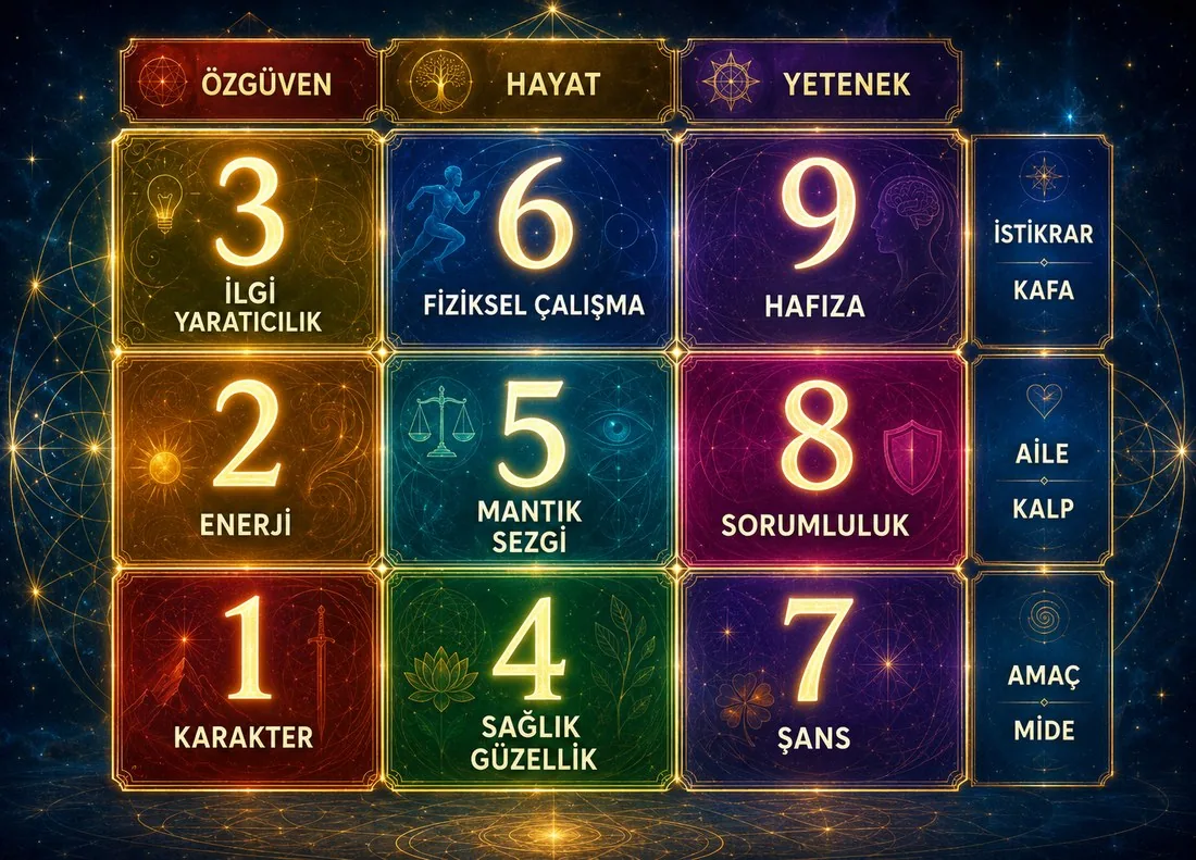 Pisagor Karesi diyagramı — özgüven, hayat ve yetenek satırlarında karakter, enerji, ilgi/yaratıcılık, mantık/sezgi, fiziksel çalışma, sorumluluk, hafıza, şans, sağlık/güzellik alanları