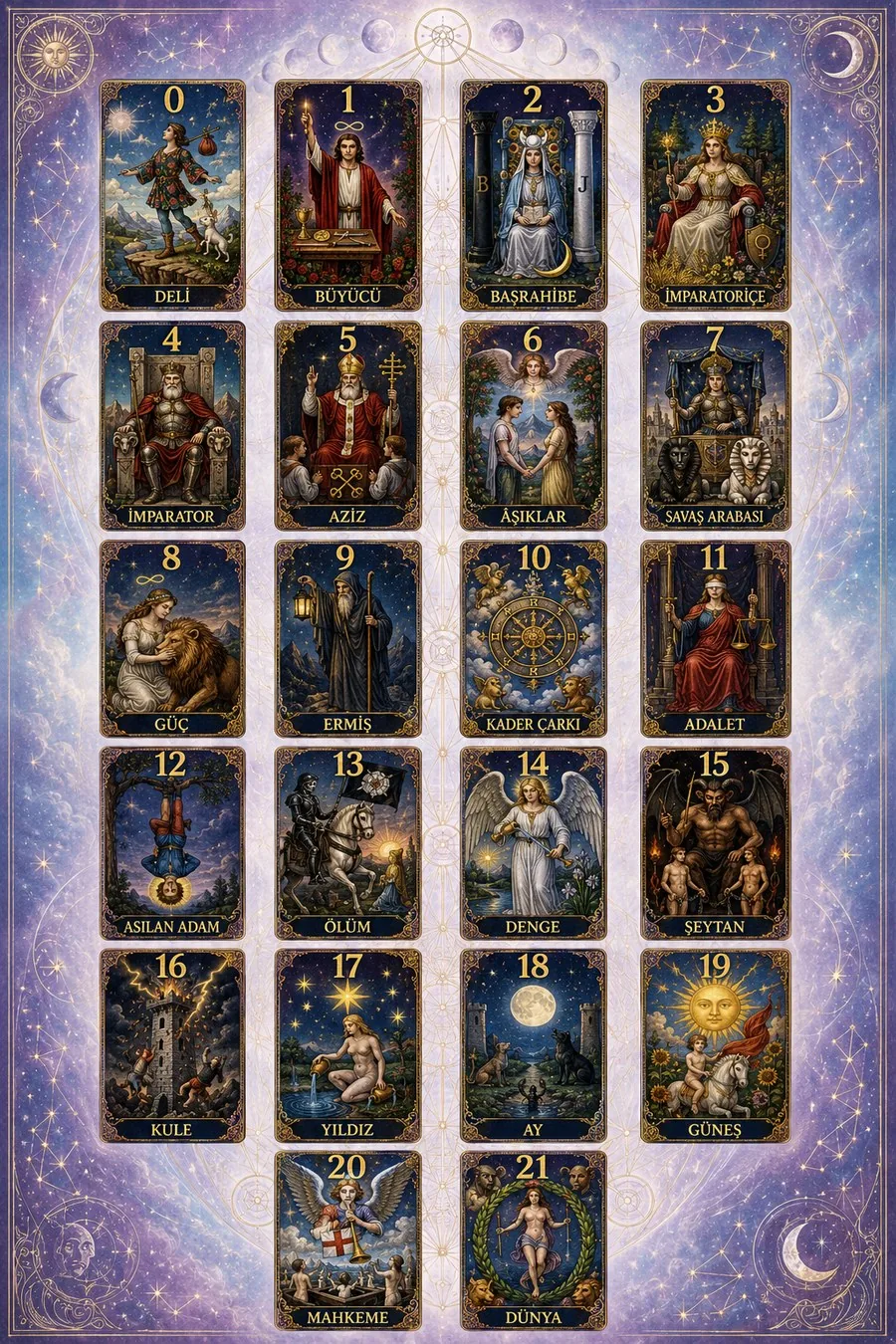 Büyük Arkana'nın 22 tarot kartı — Deli, Büyücü, Başrahibe, İmparatoriçe, İmparator, Aziz, Aşıklar, Savaş Arabası, Güç, Ermiş, Kader Çarkı, Adalet, Asılan Adam, Ölüm, Denge, Şeytan, Kule, Yıldız, Ay, Güneş, Mahkeme, Dünya